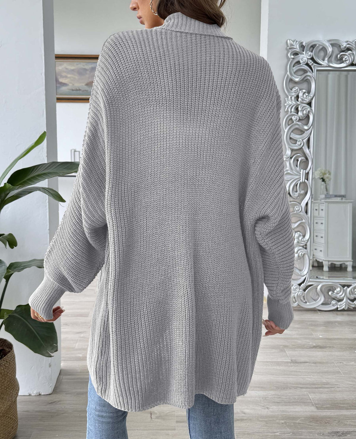 Open Front Batwing Rib Knit Cardigan - Grey - 3
