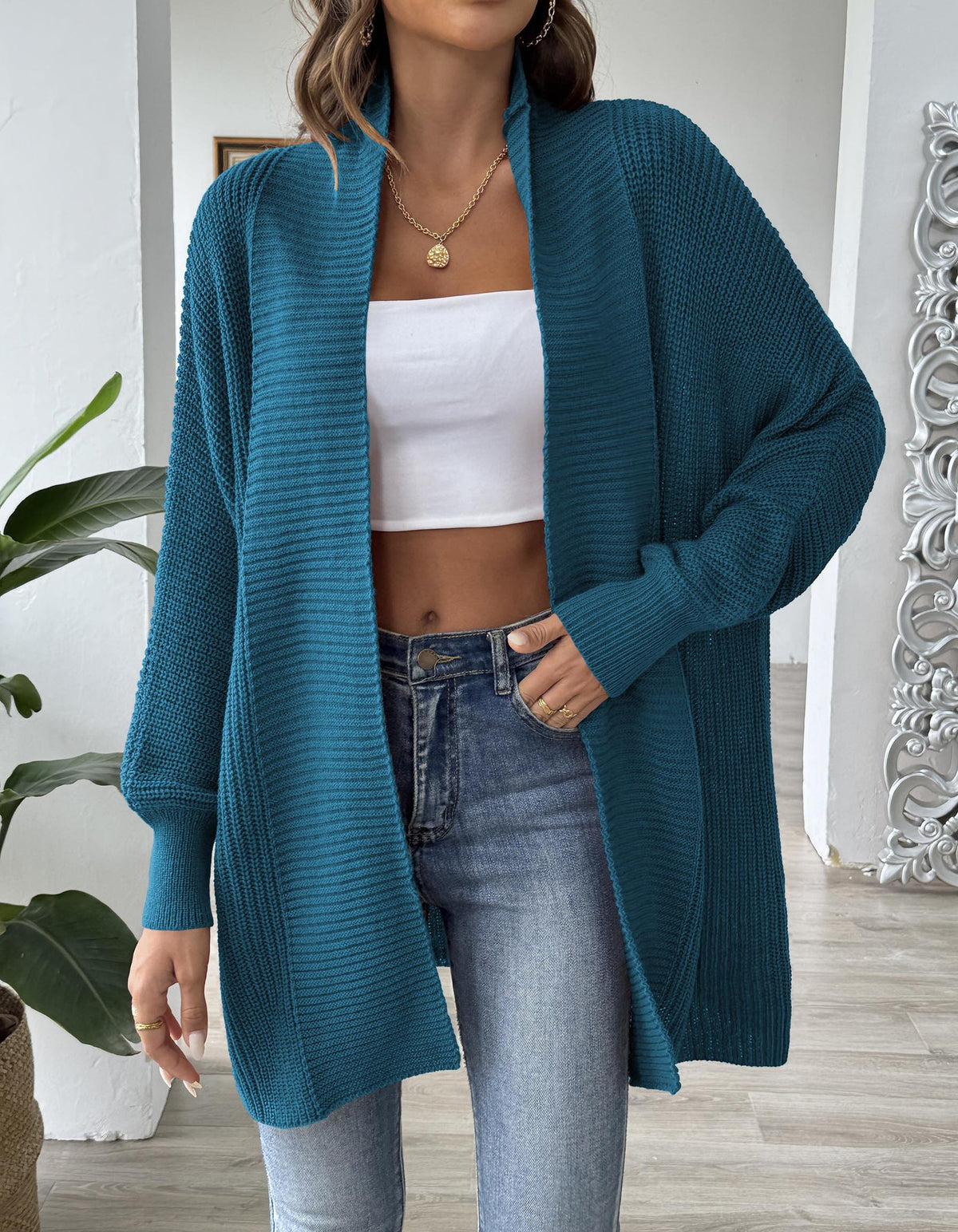 Open Front Batwing Rib Knit Cardigan - Teal