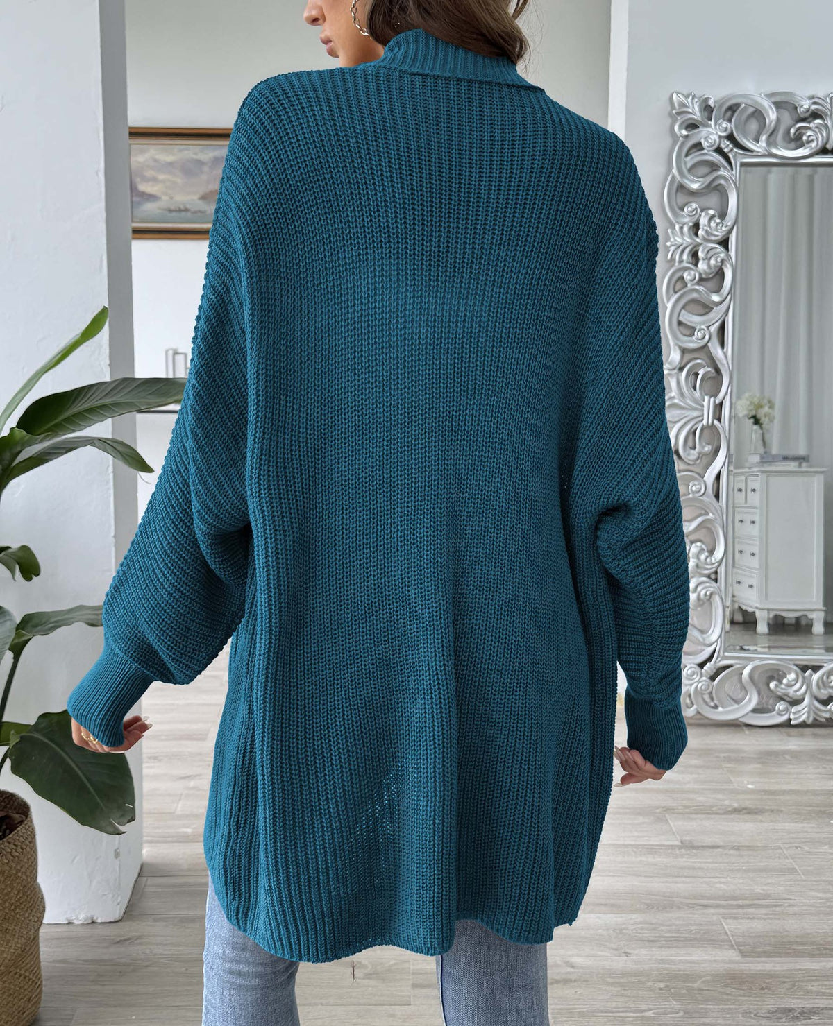 Open Front Batwing Rib Knit Cardigan - Teal - 3