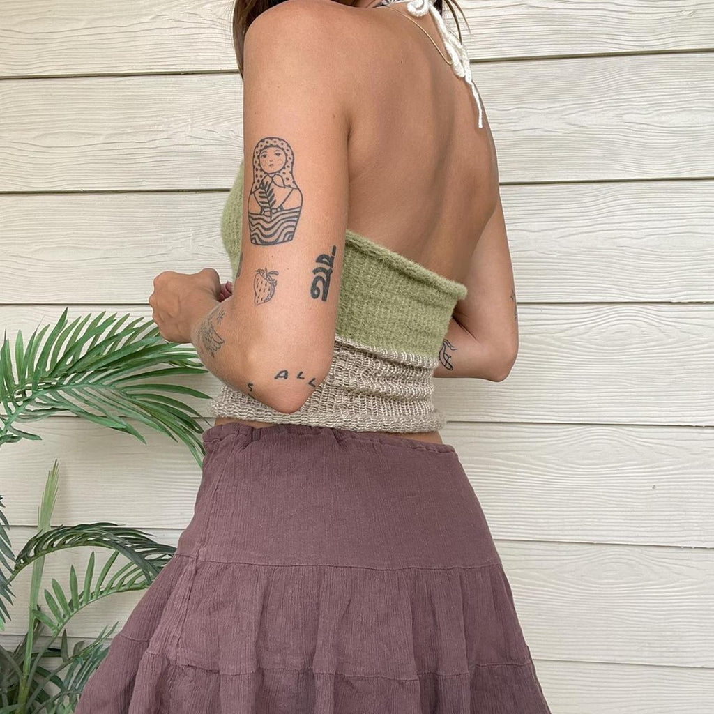 Patchwork Knit Halter Neck Crop Tank