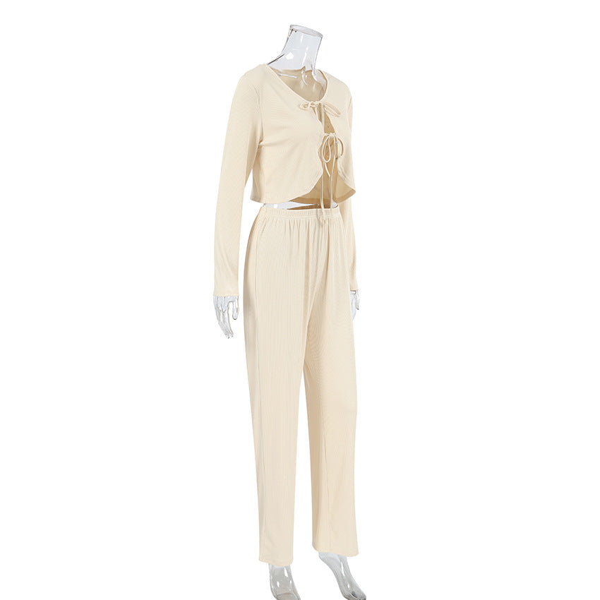 Ribbed Tie Front Top And Trouser Lounge Set - Apricot