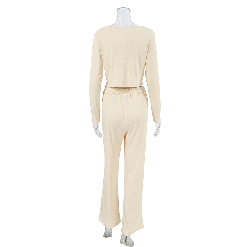 Ribbed Tie Front Top And Trouser Lounge Set - Apricot - 1