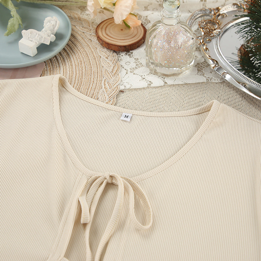 Ribbed Tie Front Top And Trouser Lounge Set - Apricot - 2