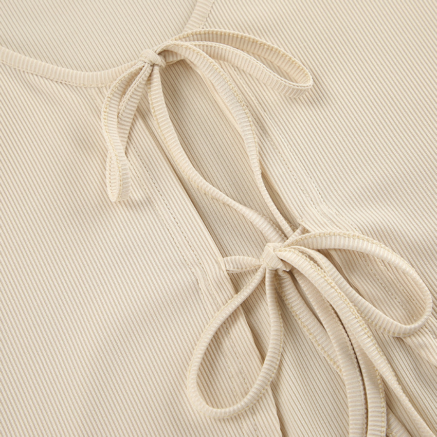 Ribbed Tie Front Top And Trouser Lounge Set - Apricot - 4