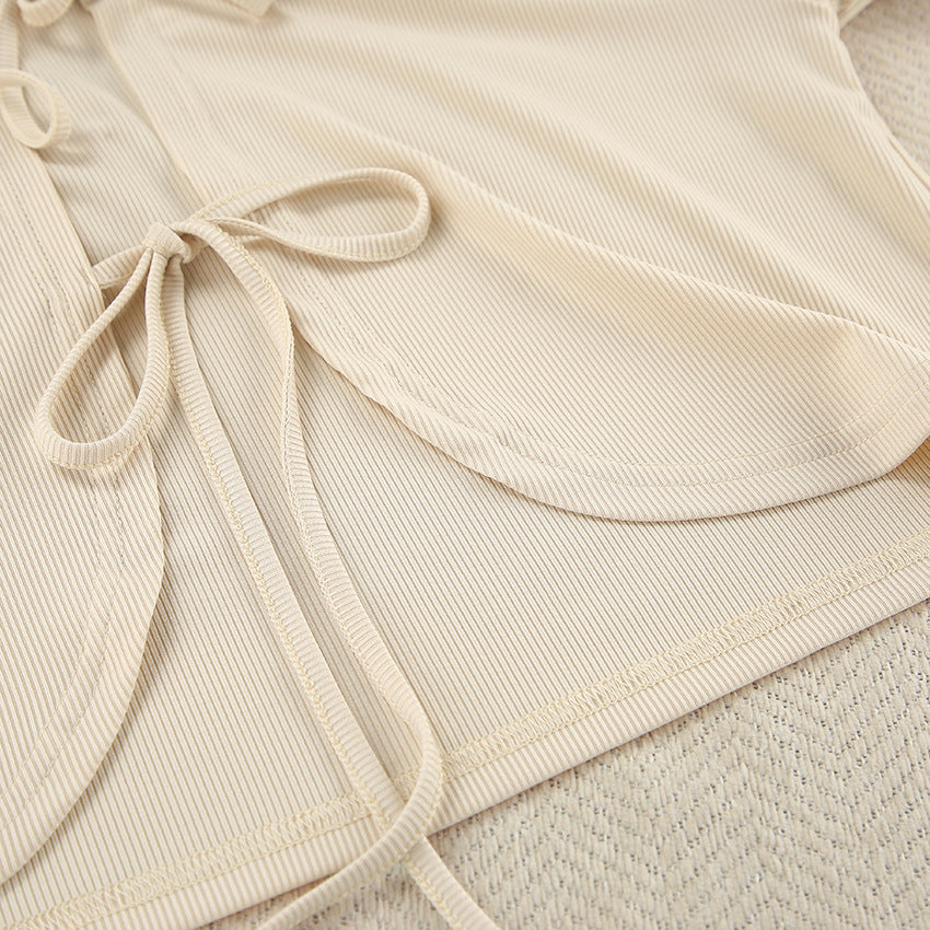 Ribbed Tie Front Top And Trouser Lounge Set - Apricot - 5