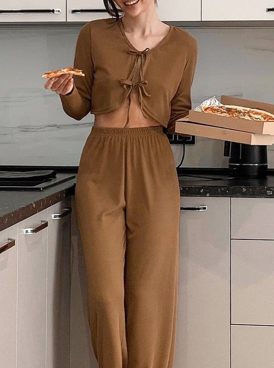 Ribbed Tie Front Top And Trouser Lounge Set - Brown