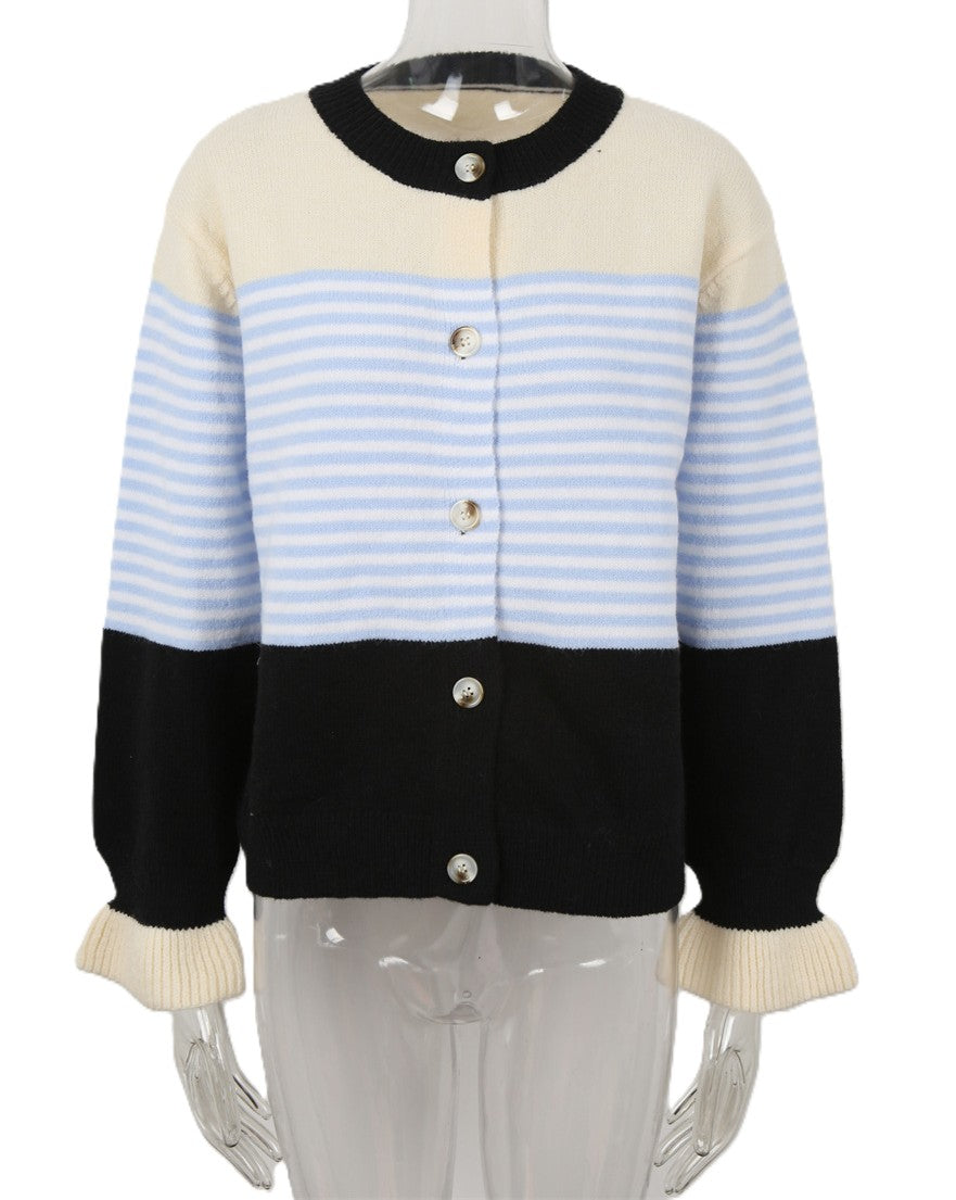 Retro Stripe Button Front Cropped Knit Cardigan - Black