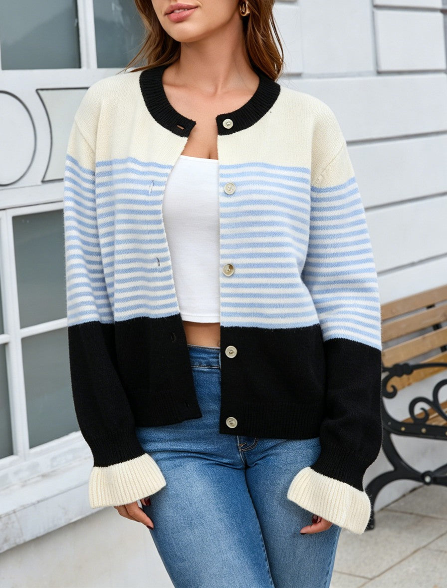 Retro Stripe Button Front Cropped Knit Cardigan - Black - 1