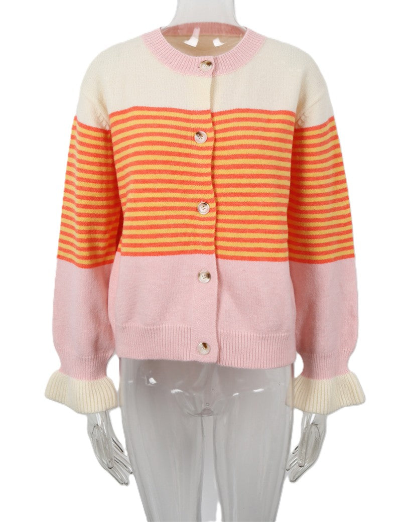 Retro Stripe Button Front Cropped Knit Cardigan - Pink - 1