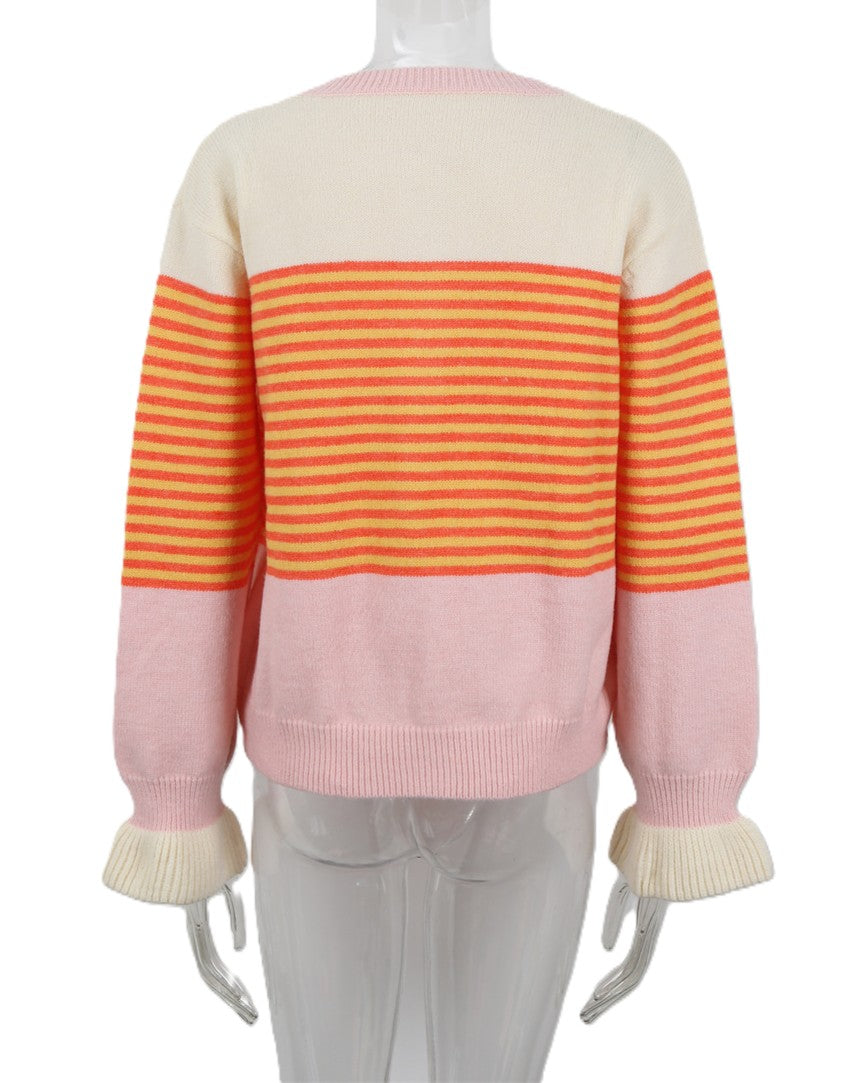 Retro Stripe Button Front Cropped Knit Cardigan - Pink - 2