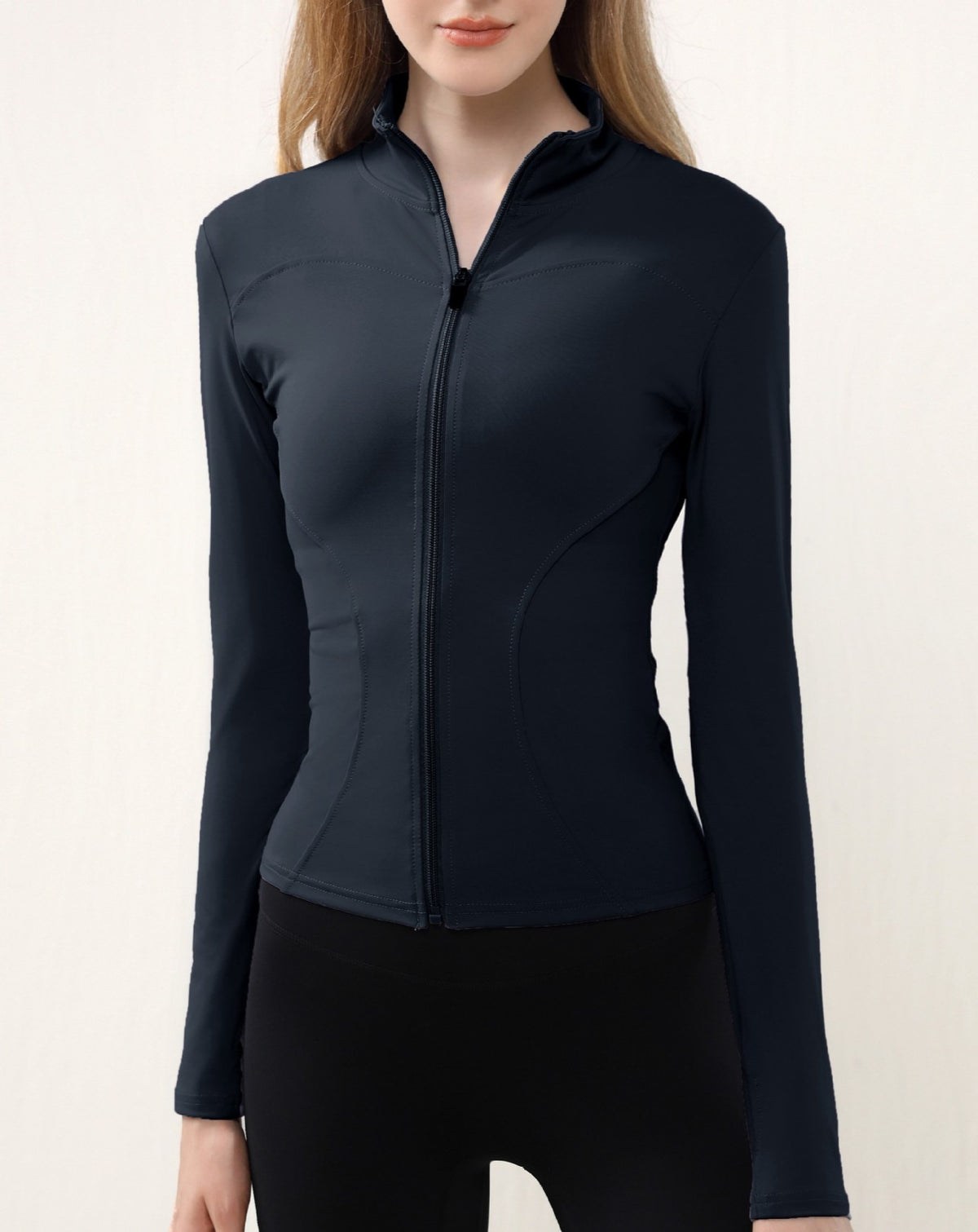 Curved Seam Zip Front Yoga Jacket - Black