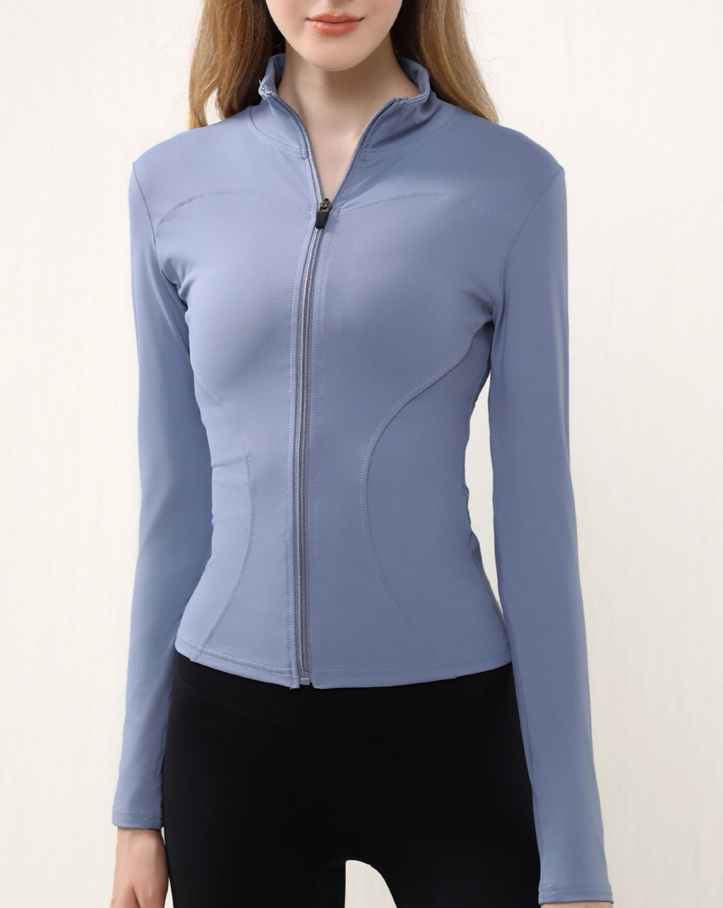Curved Seam Zip Front Yoga Jacket - Blue