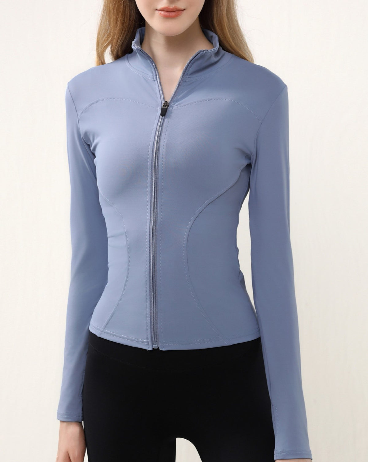 Curved Seam Zip Front Yoga Jacket - Blue