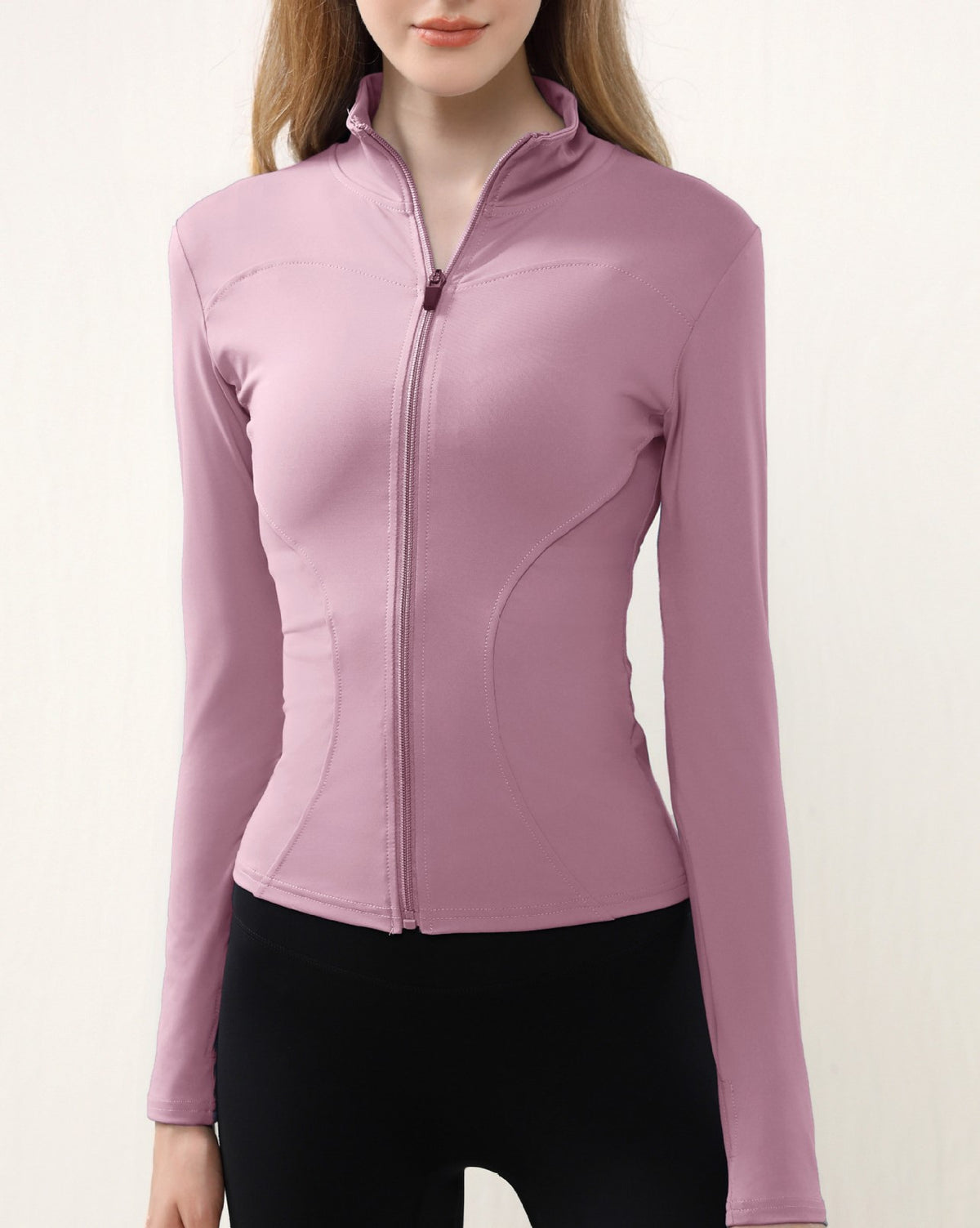 Curved Seam Zip Front Yoga Jacket - Pink