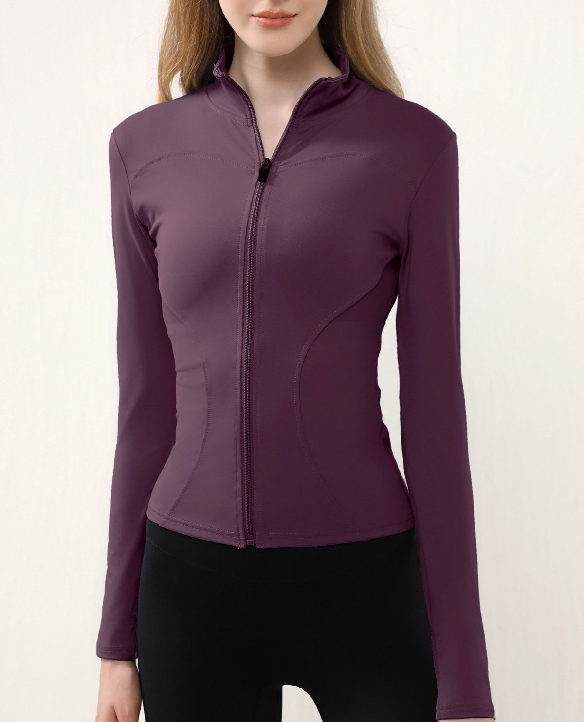 Curved Seam Zip Front Yoga Jacket - Purple