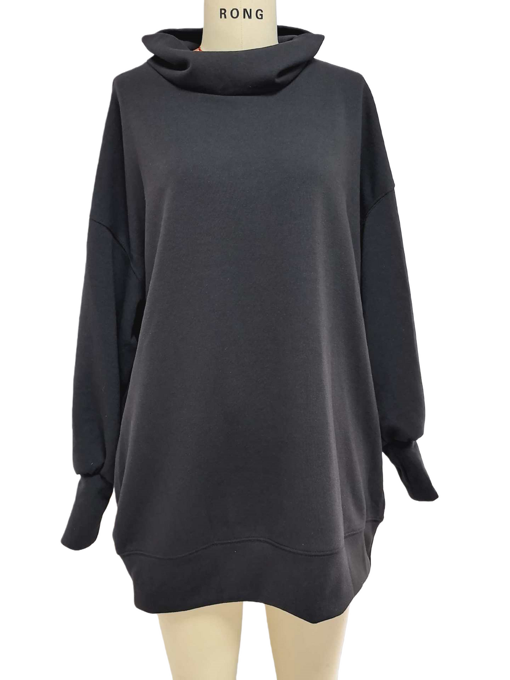 Oversized Cowl Neck Tunic Sweatshirt - Black - 1