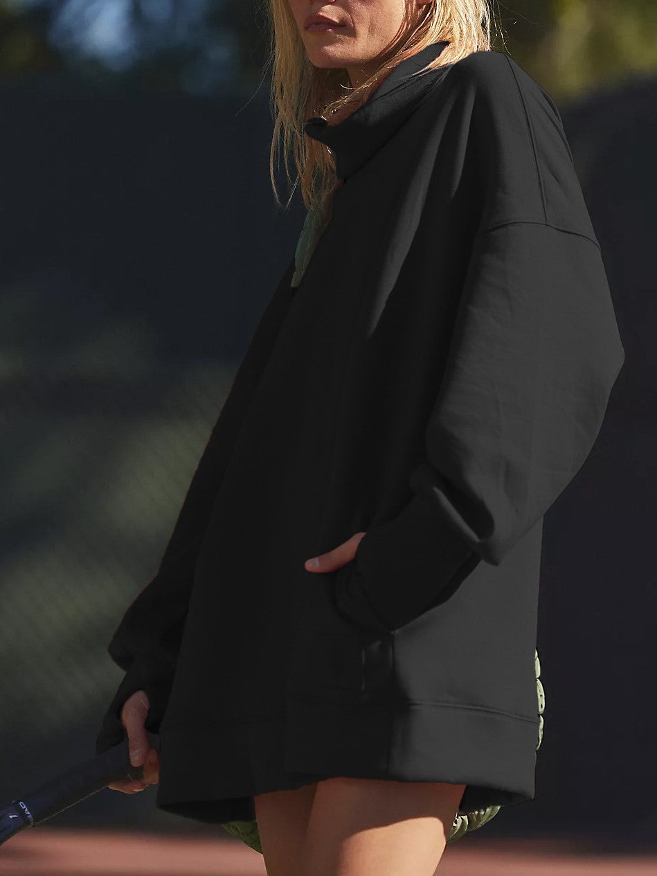 Oversized Cowl Neck Tunic Sweatshirt - Black - 3