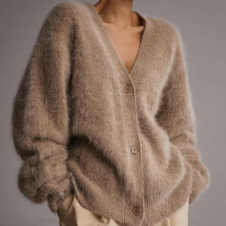 Fuzzy Knit V Neck Oversized Button Front Cardigan - Camel