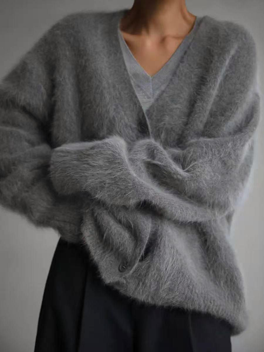 Fuzzy Knit V Neck Oversized Button Front Cardigan - DarkGrey