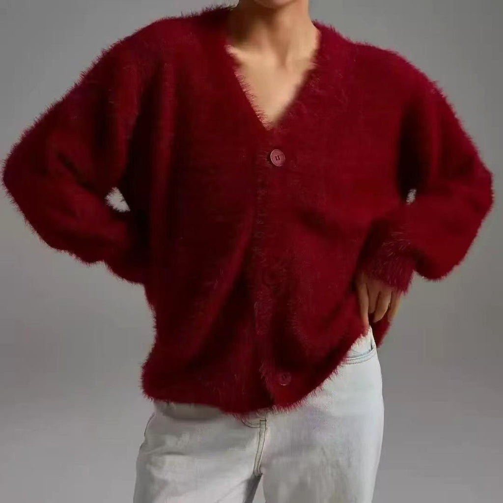 Fuzzy Knit V Neck Oversized Button Front Cardigan - DarkRed