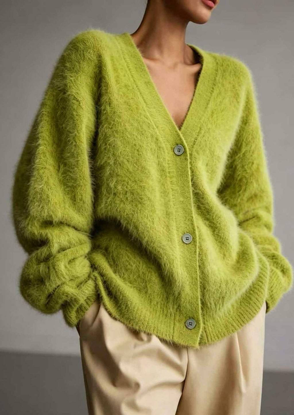 Fuzzy Knit V Neck Oversized Button Front Cardigan - Grass