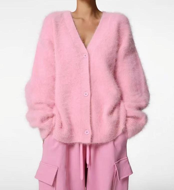 Fuzzy Knit V Neck Oversized Button Front Cardigan - Pink