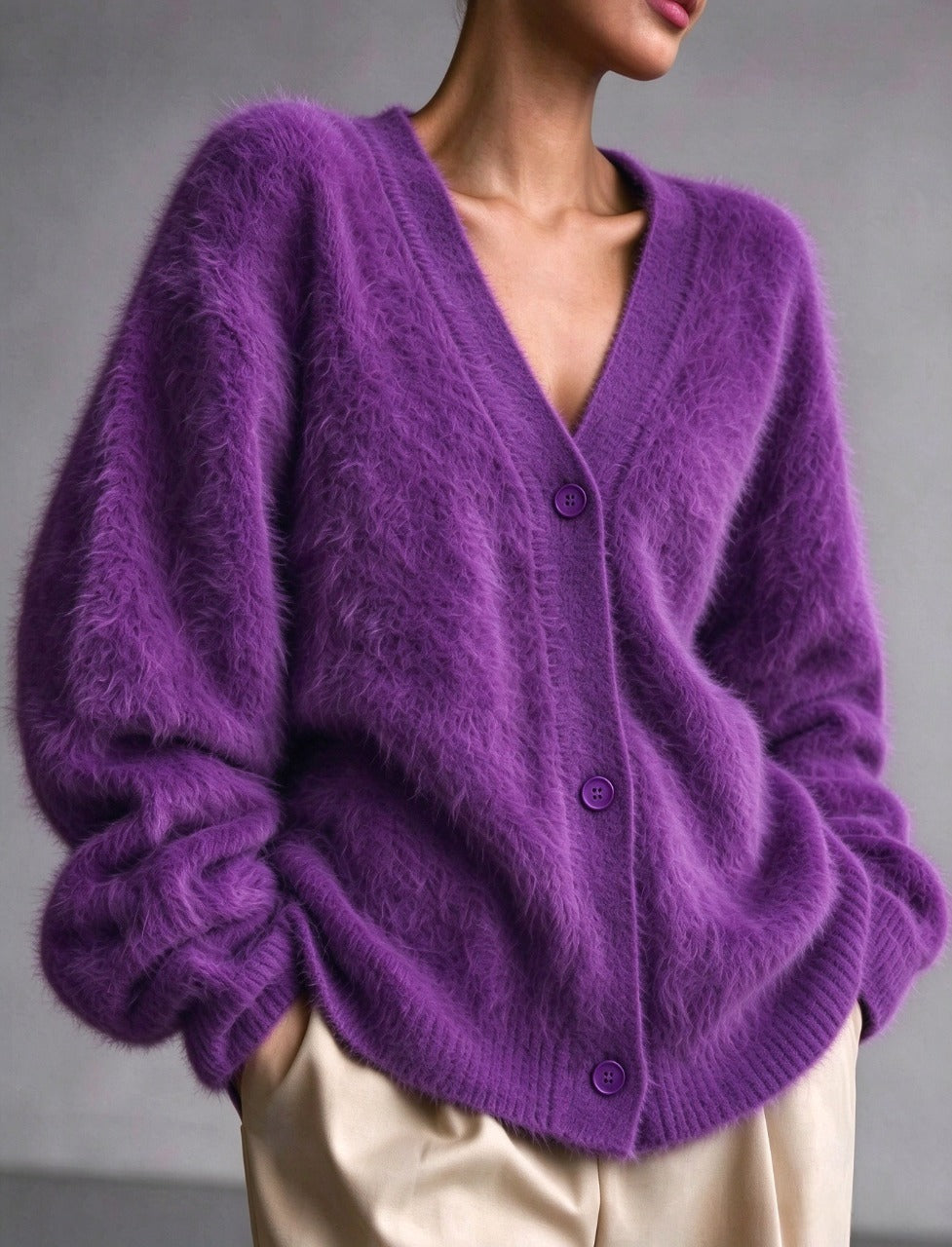 Fuzzy Knit V Neck Oversized Button Front Cardigan - Purple