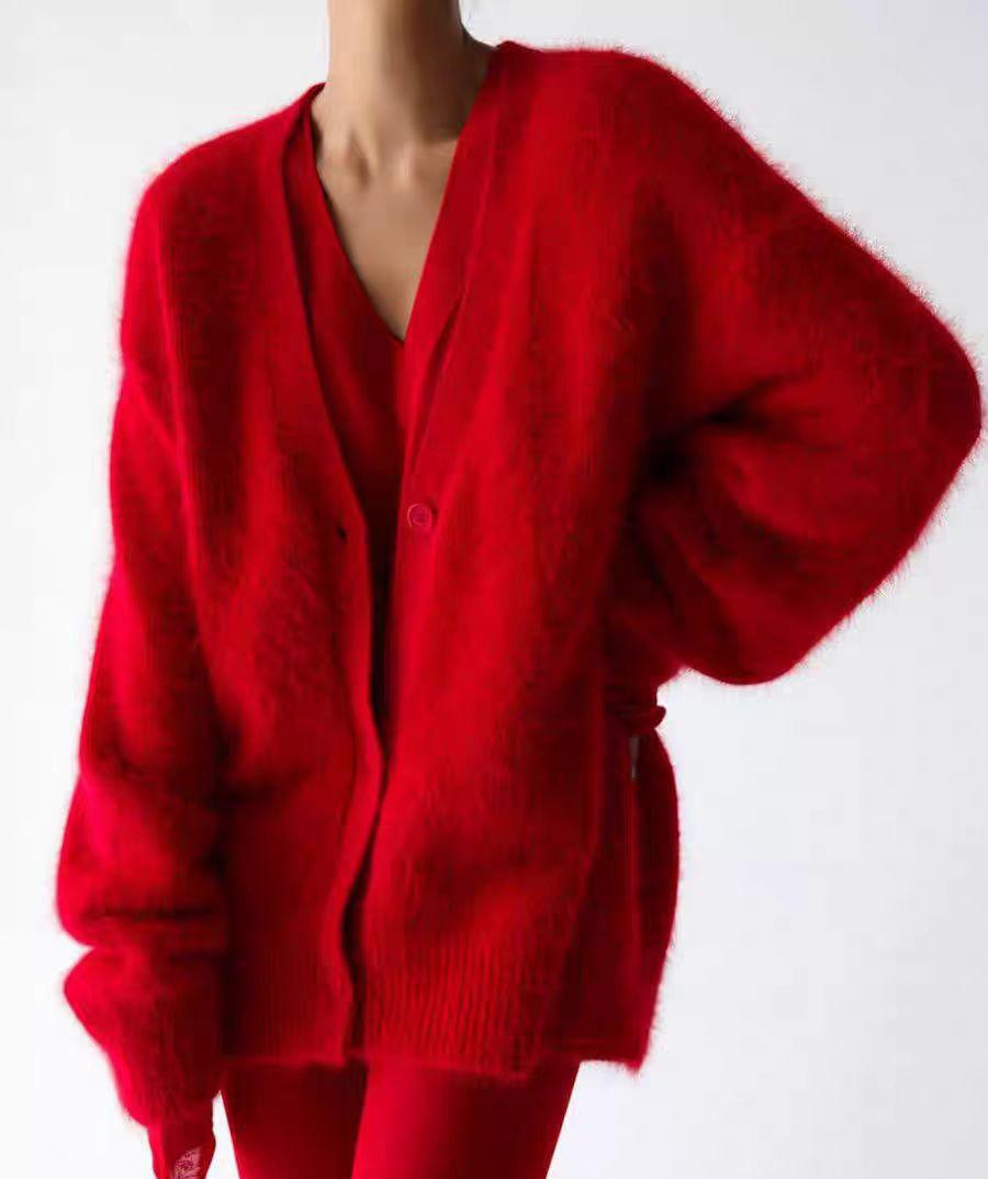 Fuzzy Knit V Neck Oversized Button Front Cardigan - Red