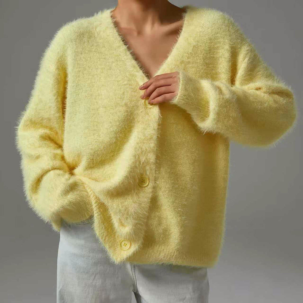 Fuzzy Knit V Neck Oversized Button Front Cardigan - Yellow