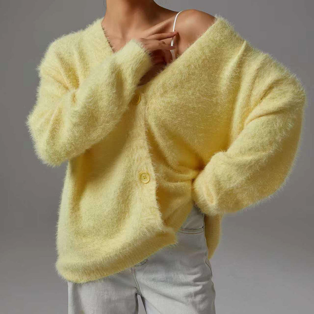 Fuzzy Knit V Neck Oversized Button Front Cardigan - Yellow - 1