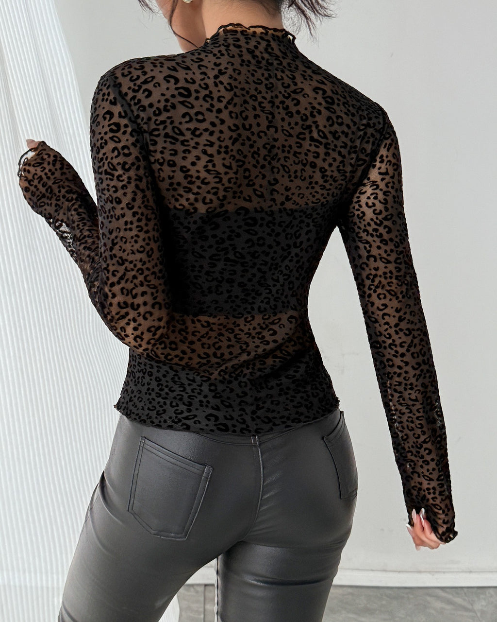 Sheer Leopard Flocked Mesh Mock Neck Top - Black - 2