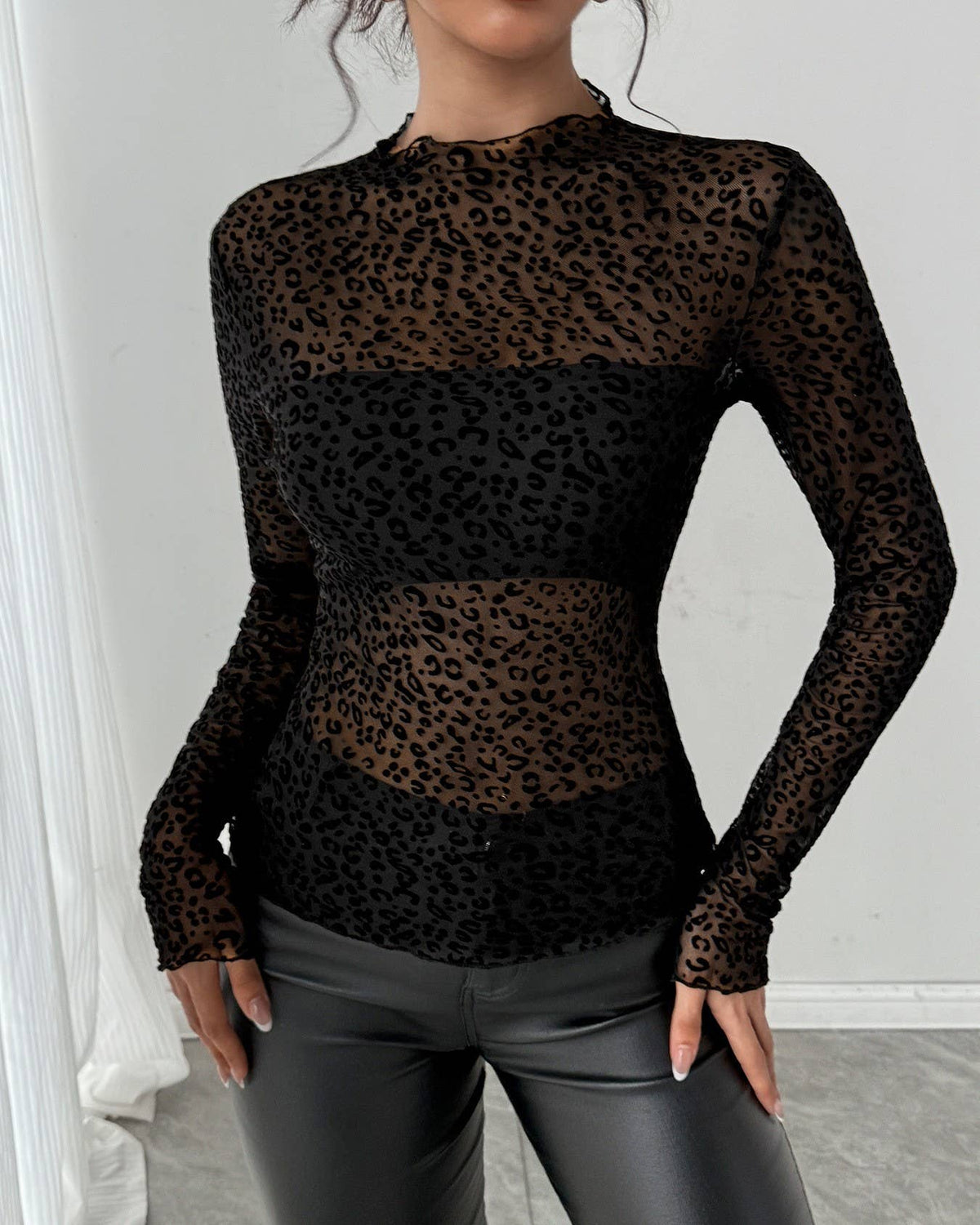 Sheer Leopard Flocked Mesh Mock Neck Top