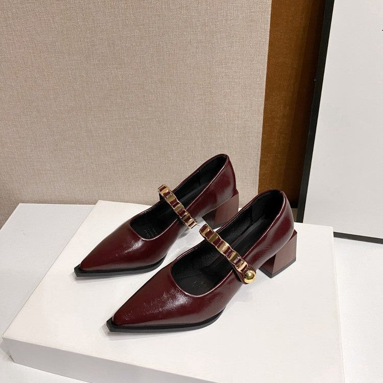 Gold Strap Pointed Toe Mary Jane Pumps - Burgundy