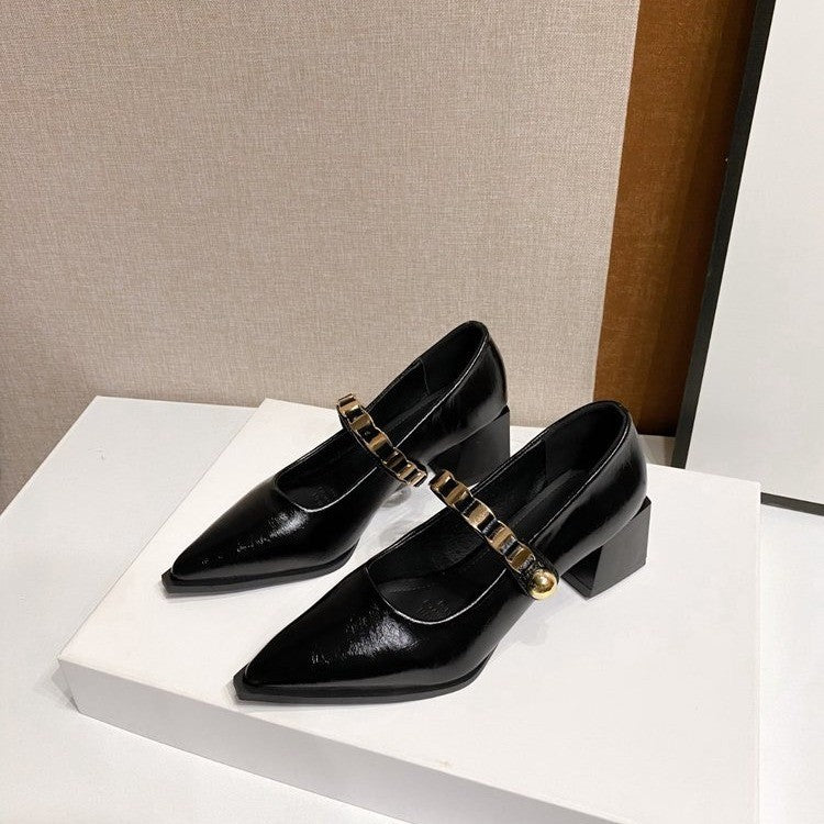 Gold Strap Pointed Toe Mary Jane Pumps