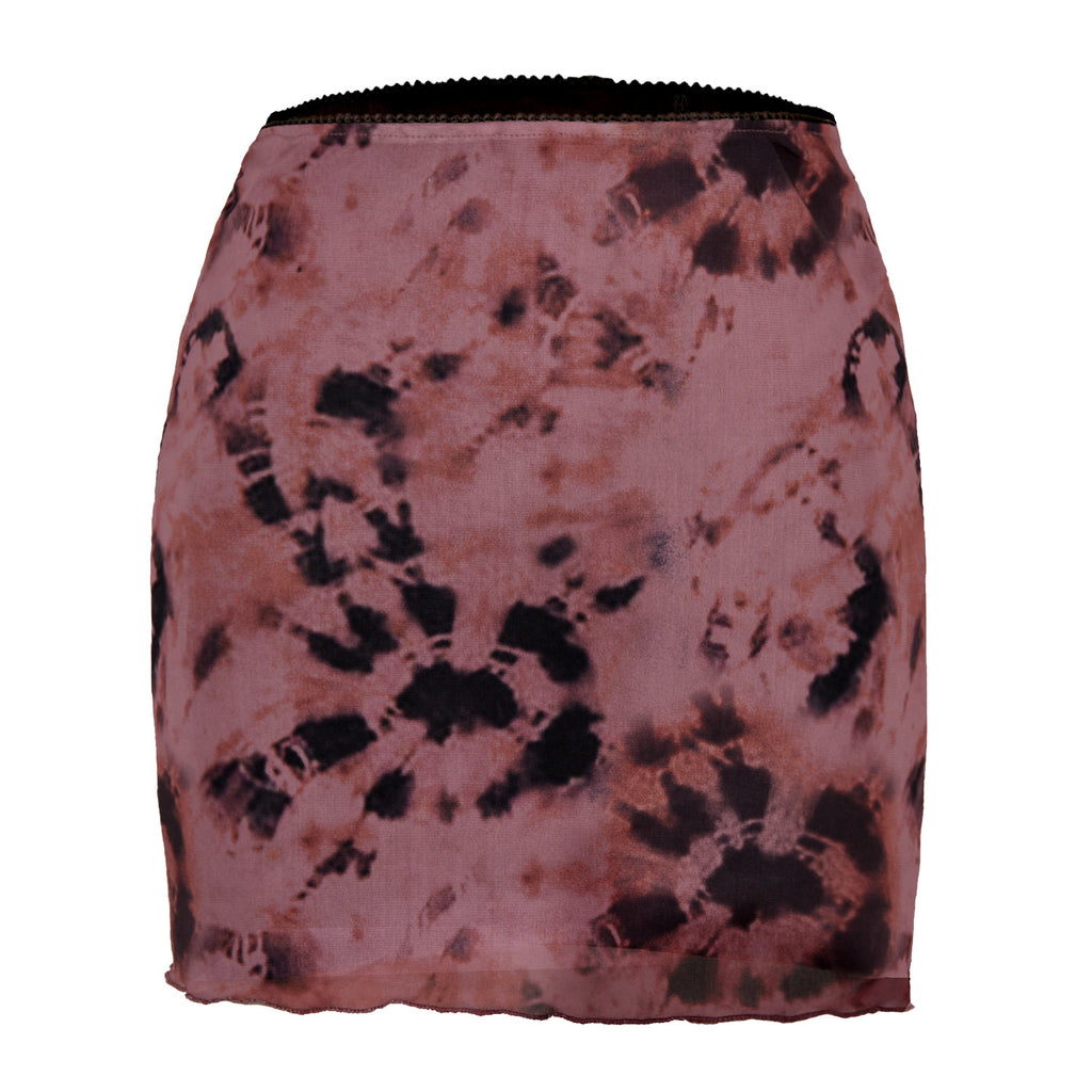 Printed Mesh Bodycon Mini Skirt - Darkred