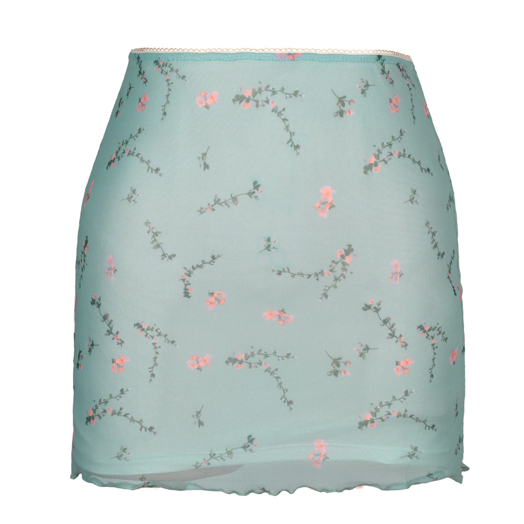 Printed Mesh Bodycon Mini Skirt - Green