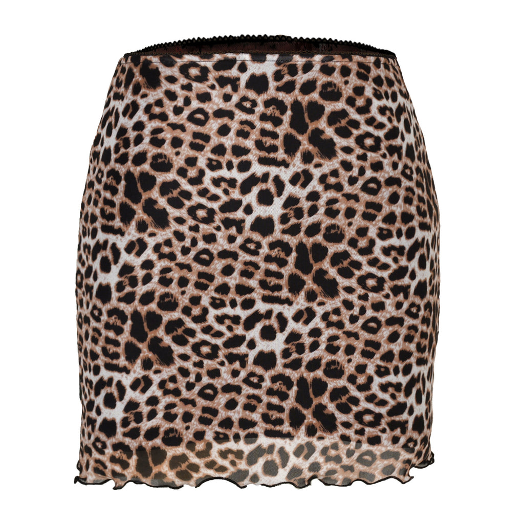 Printed Mesh Bodycon Mini Skirt - Leopardyellow