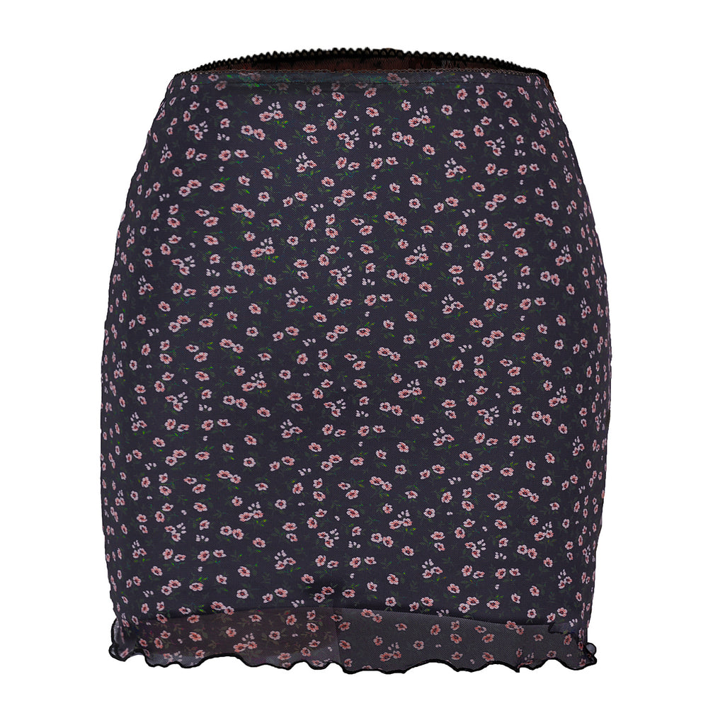Printed Mesh Bodycon Mini Skirt - Navyblue
