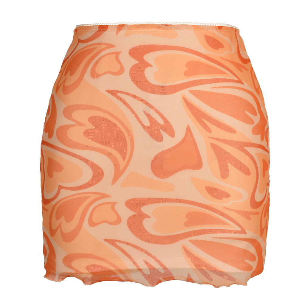 Printed Mesh Bodycon Mini Skirt - Orange