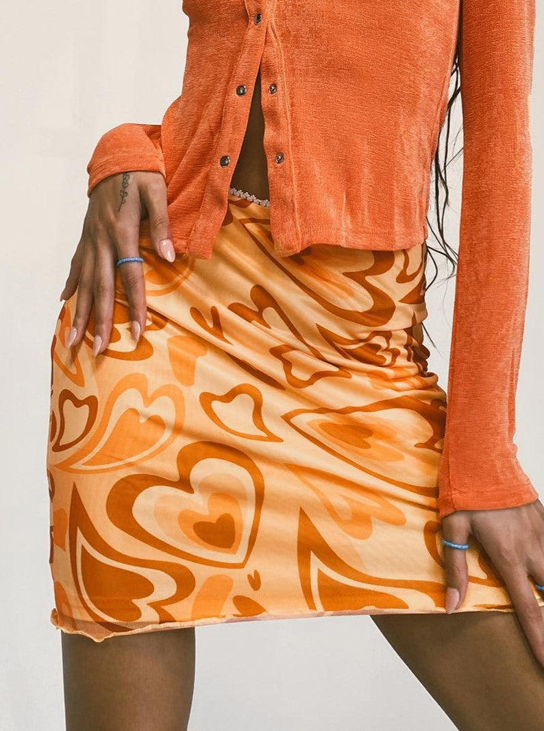 Printed Mesh Bodycon Mini Skirt - Orange - 1