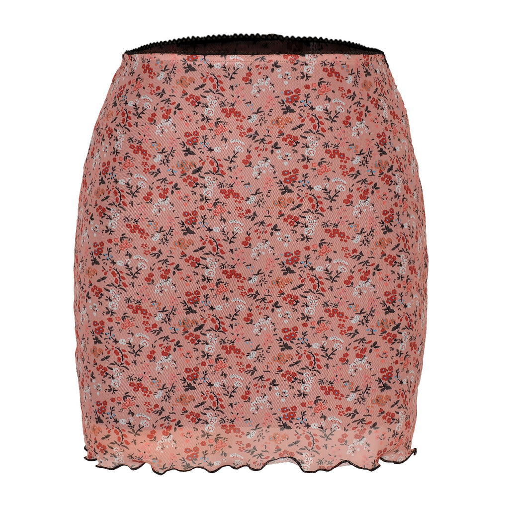 Printed Mesh Bodycon Mini Skirt - Pink