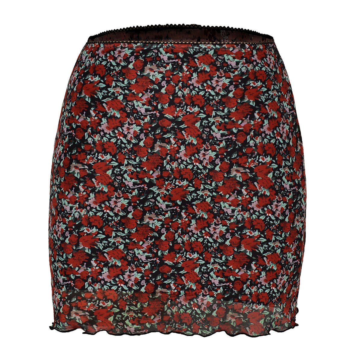 Printed Mesh Bodycon Mini Skirt - Red