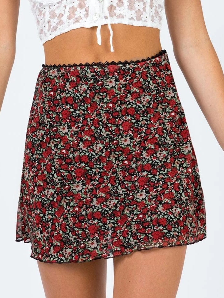 Printed Mesh Bodycon Mini Skirt - Red - 1