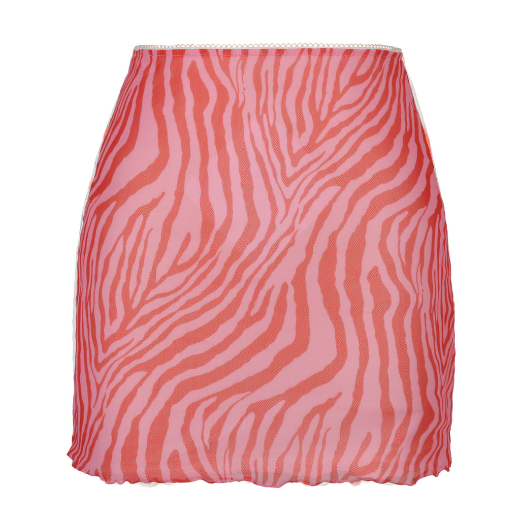 Printed Mesh Bodycon Mini Skirt - Rosered