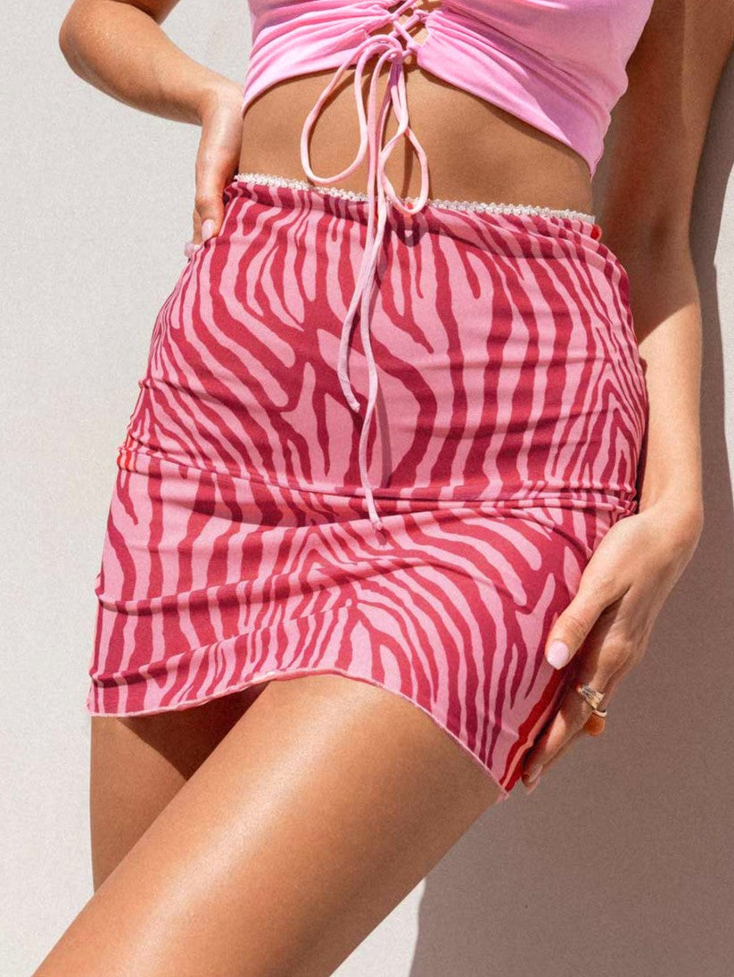 Printed Mesh Bodycon Mini Skirt - Rosered - 1