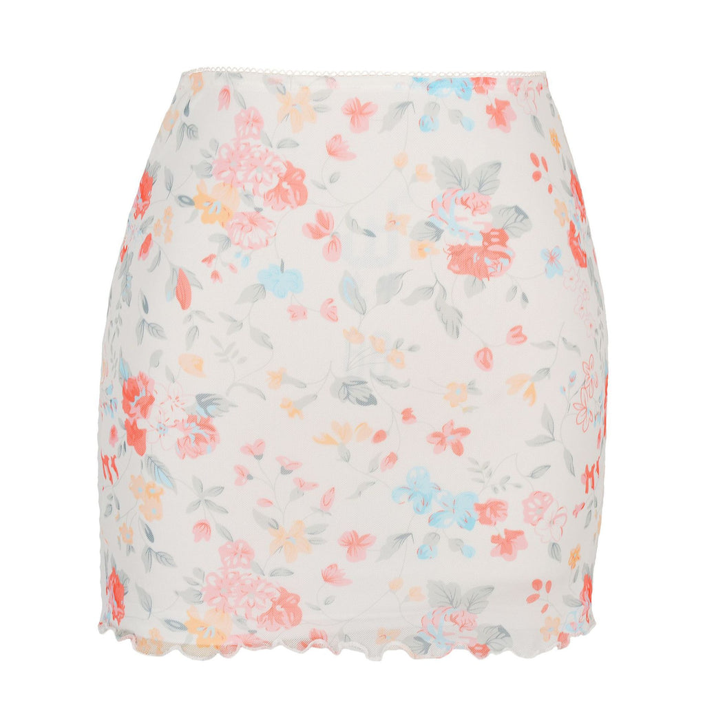 Printed Mesh Bodycon Mini Skirt - White