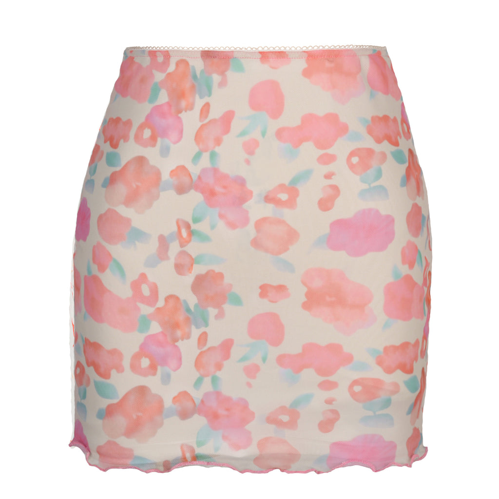 Printed Mesh Bodycon Mini Skirt - Yellow