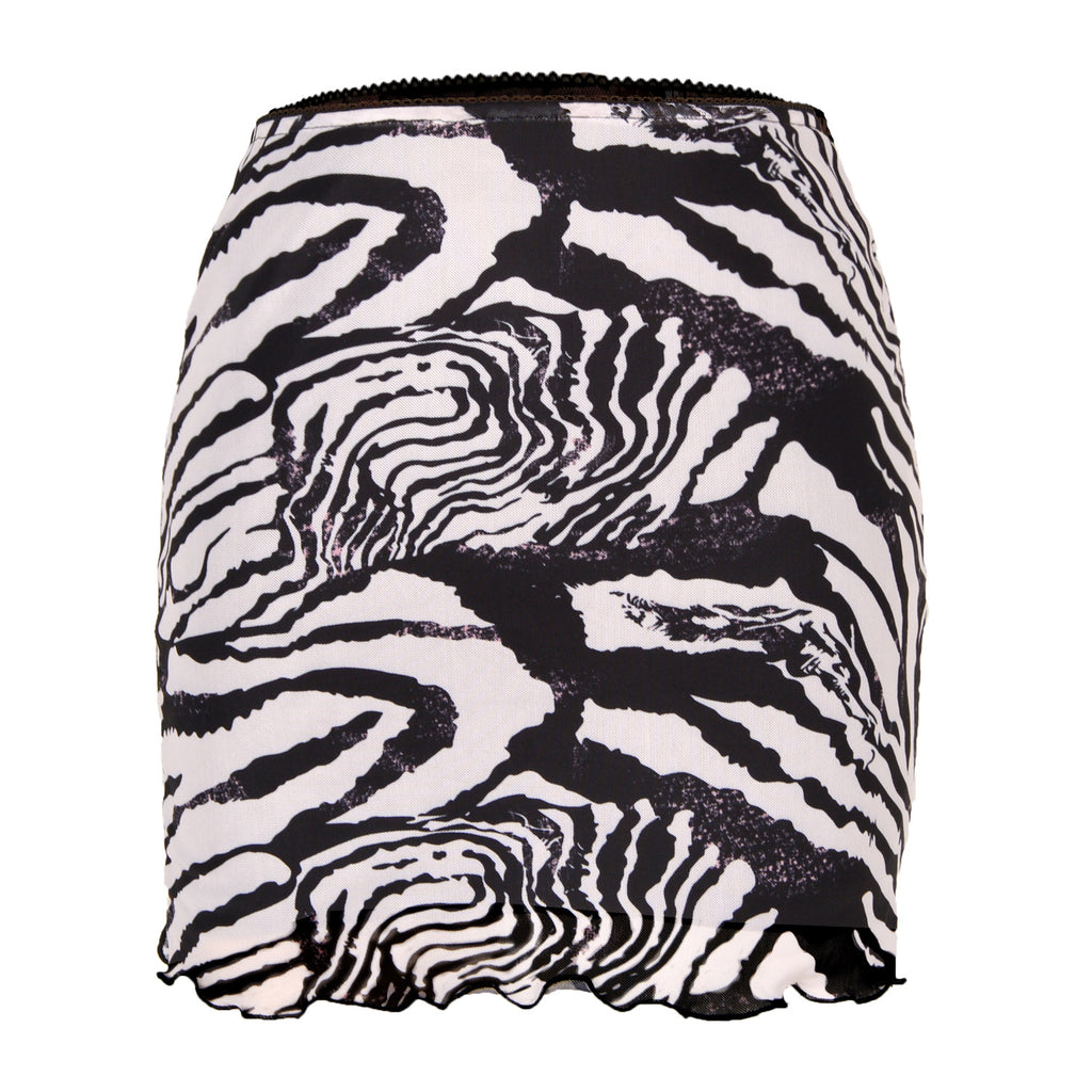 Printed Mesh Bodycon Mini Skirt - Zebrawhite