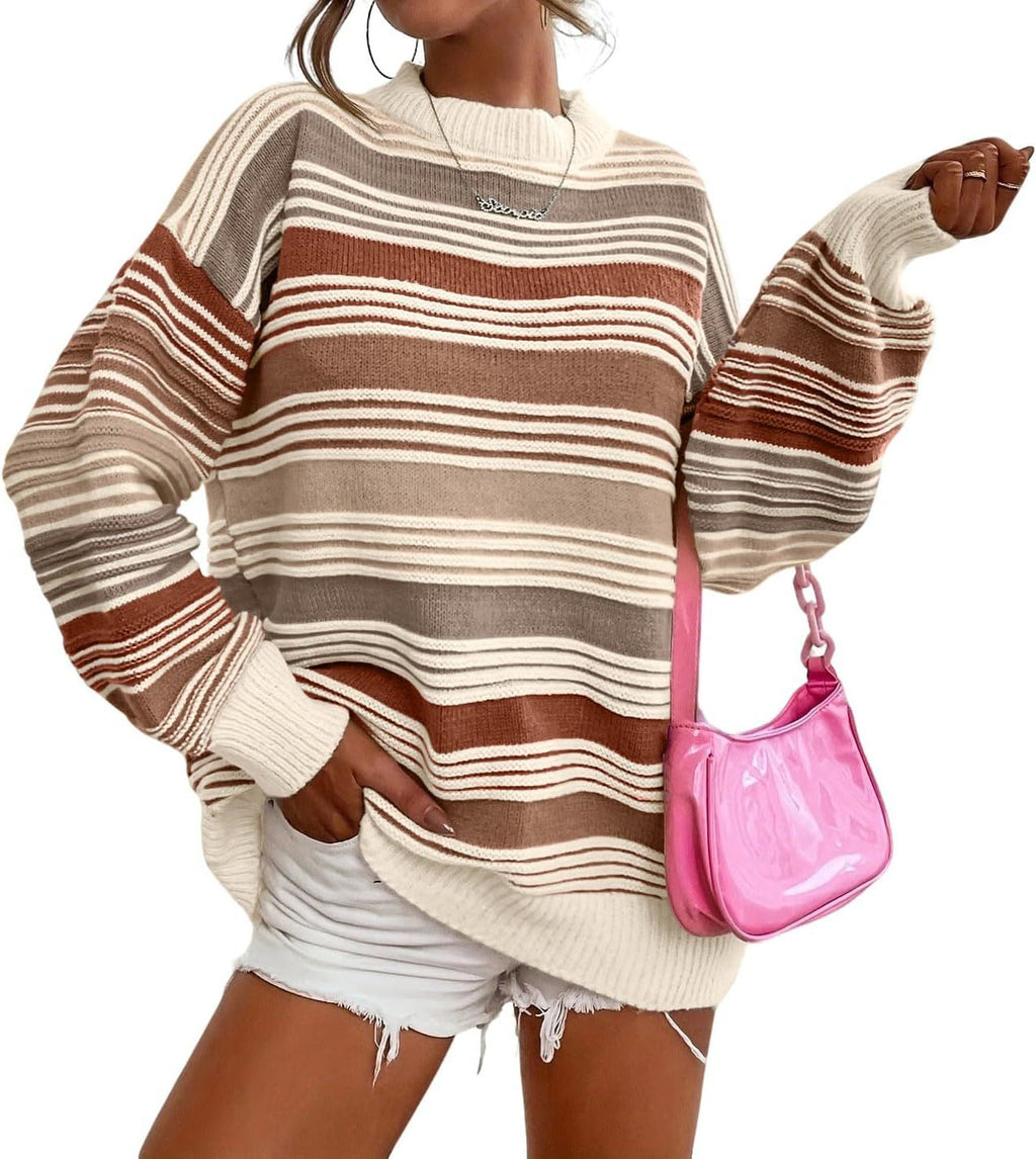 Retro Stripe Oversized Crewneck Sweater - Brown