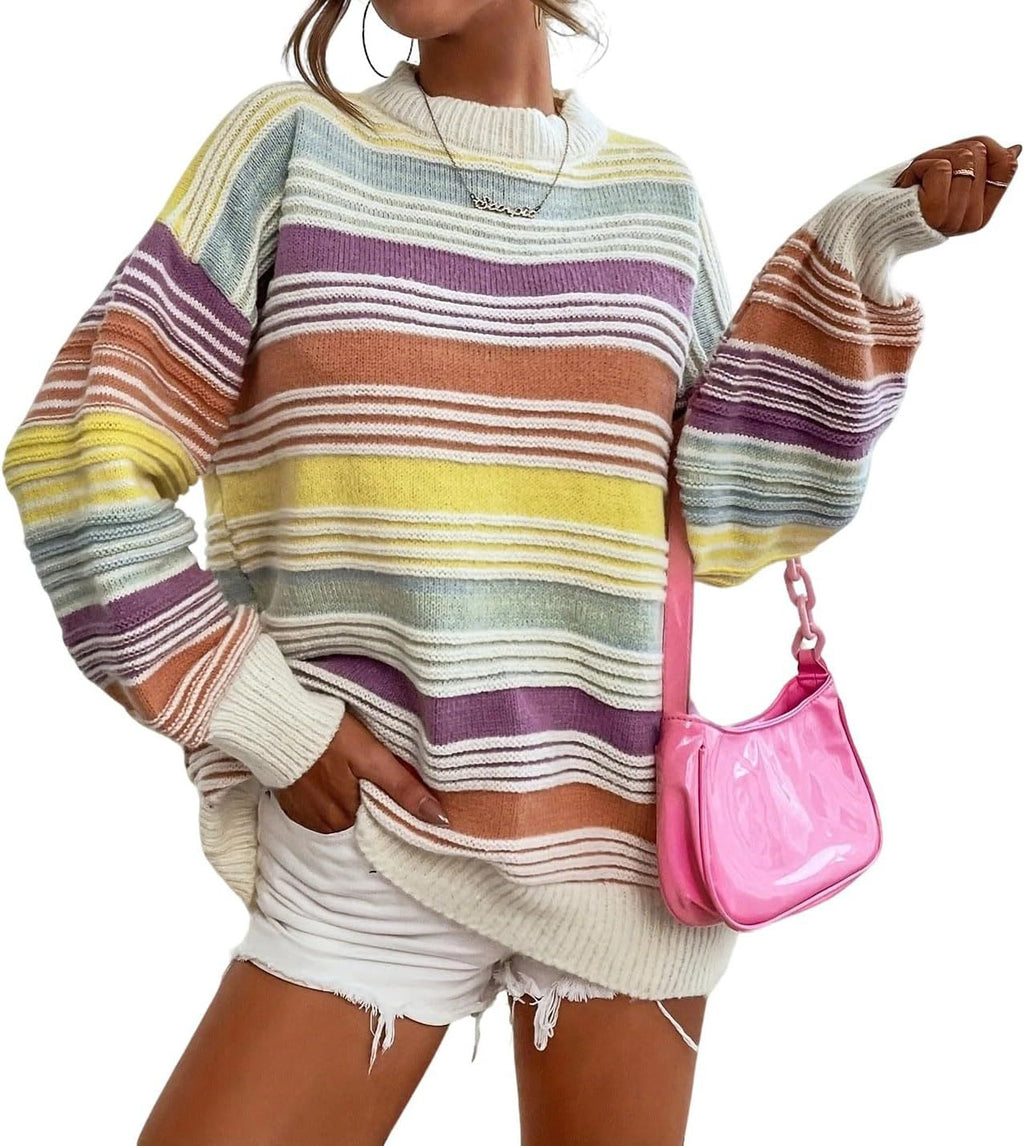 Retro Stripe Oversized Crewneck Sweater - Yellow